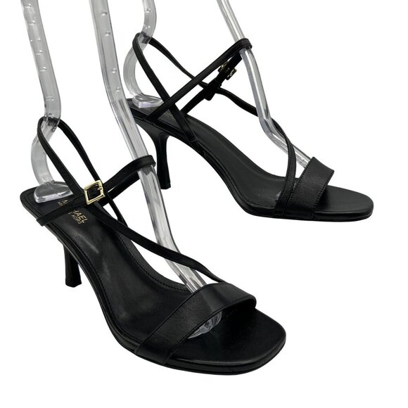 Michael Kors Tasha Womens 7 Black Leather Strappy Heeled Dressy Sandals Cocktail - Picture 1 of 11
